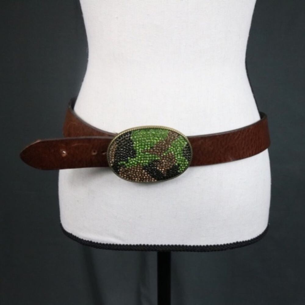 Vintage Gap Belt M Brown Leather Cowboy Glitter Buckle Boho Festival Y2K